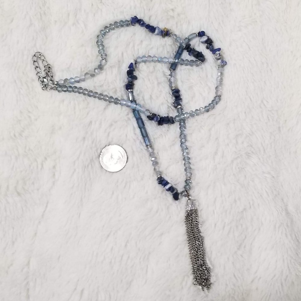 Beaded Silver and Blueish Necklace with Tassel